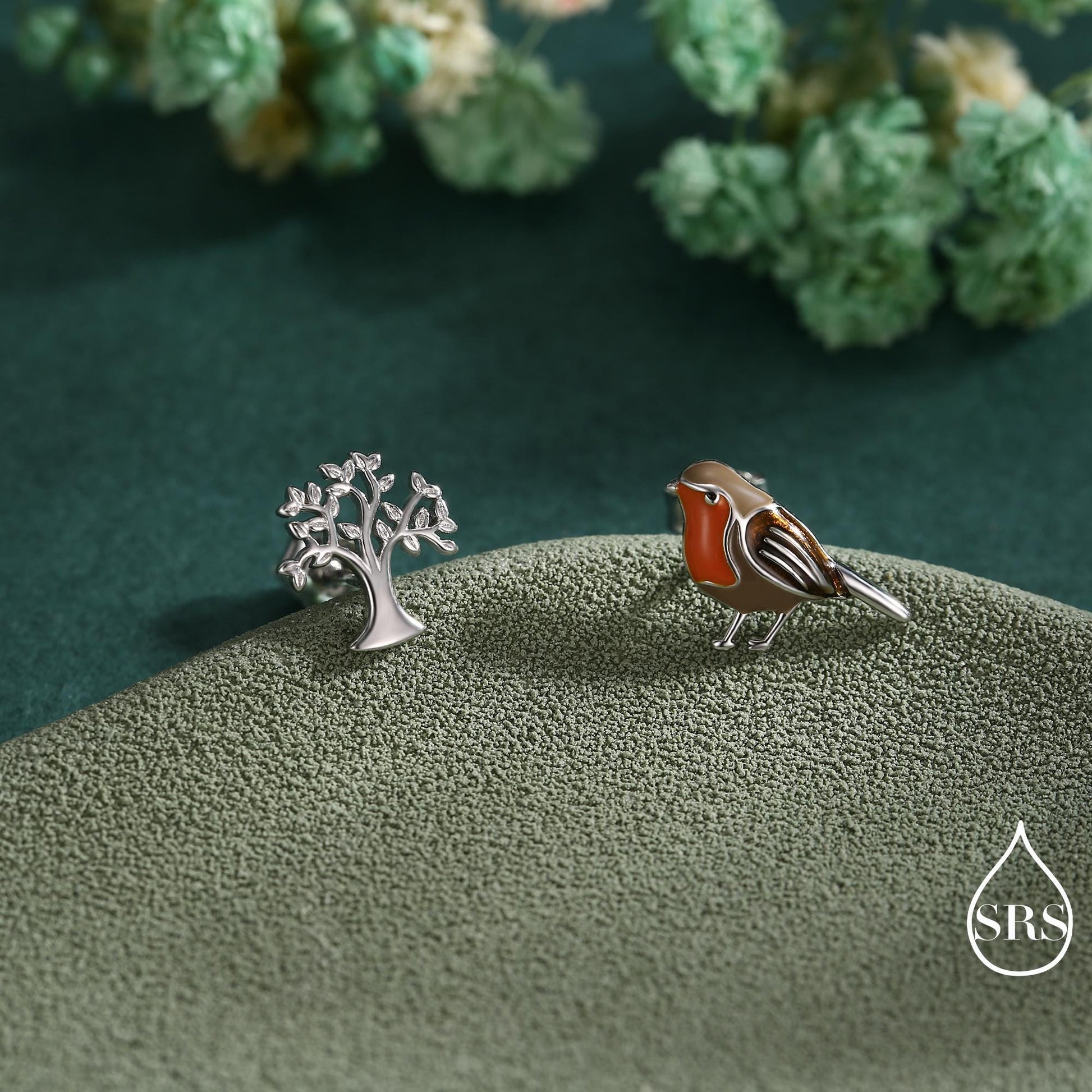 Mismatched Robin Bird and Tree Stud Earrings in Sterling Silver, Cute Enamel Robin Bird Earrings, Nature Inspired Animal Earrings