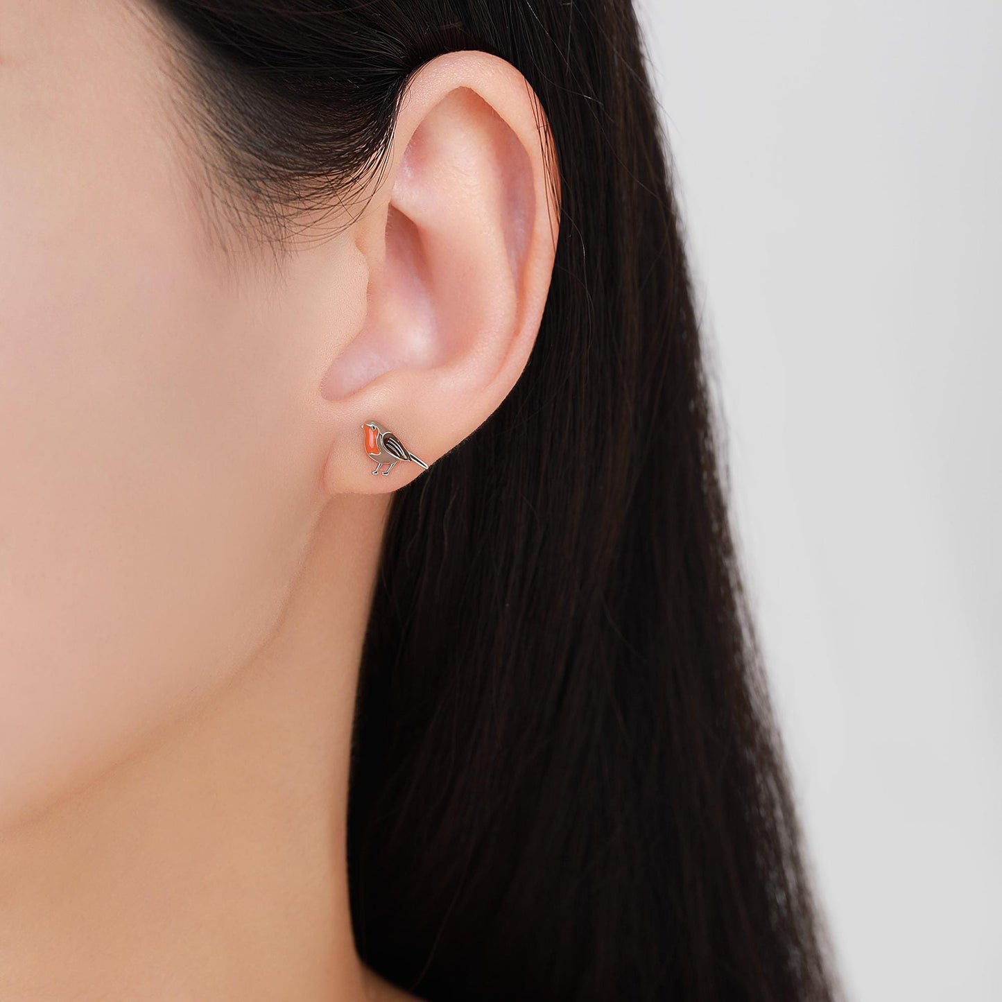 Mismatched Robin Bird and Tree Stud Earrings in Sterling Silver, Cute Enamel Robin Bird Earrings, Nature Inspired Animal Earrings