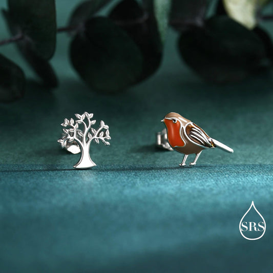 Mismatched Robin Bird and Tree Stud Earrings in Sterling Silver, Cute Enamel Robin Bird Earrings, Nature Inspired Animal Earrings