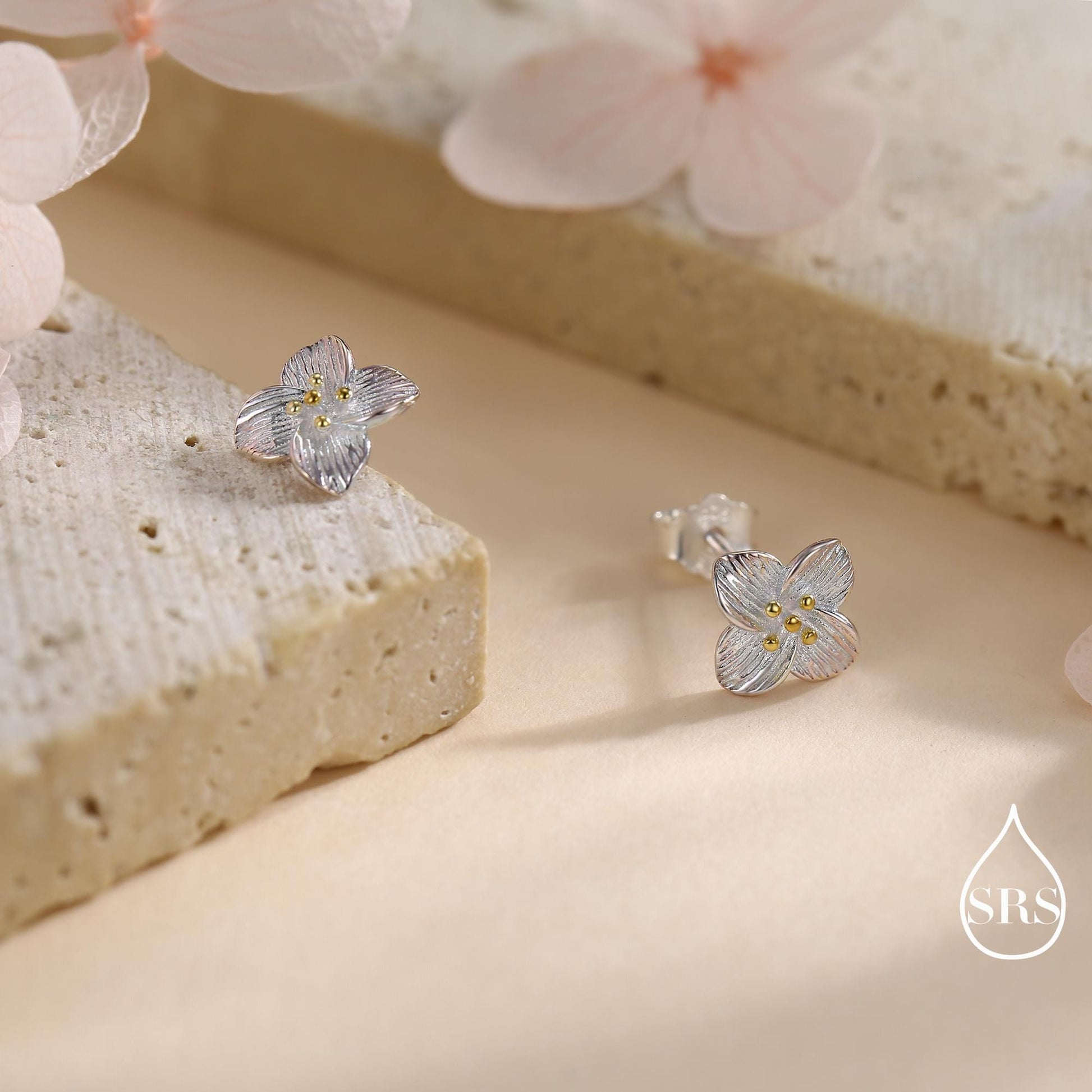 Dainty Flower Stud Earrings in Sterling Silver, Two Tone Silver Dogwood Flower Earrings, Nature Inspired Earrings, Plant Earrings