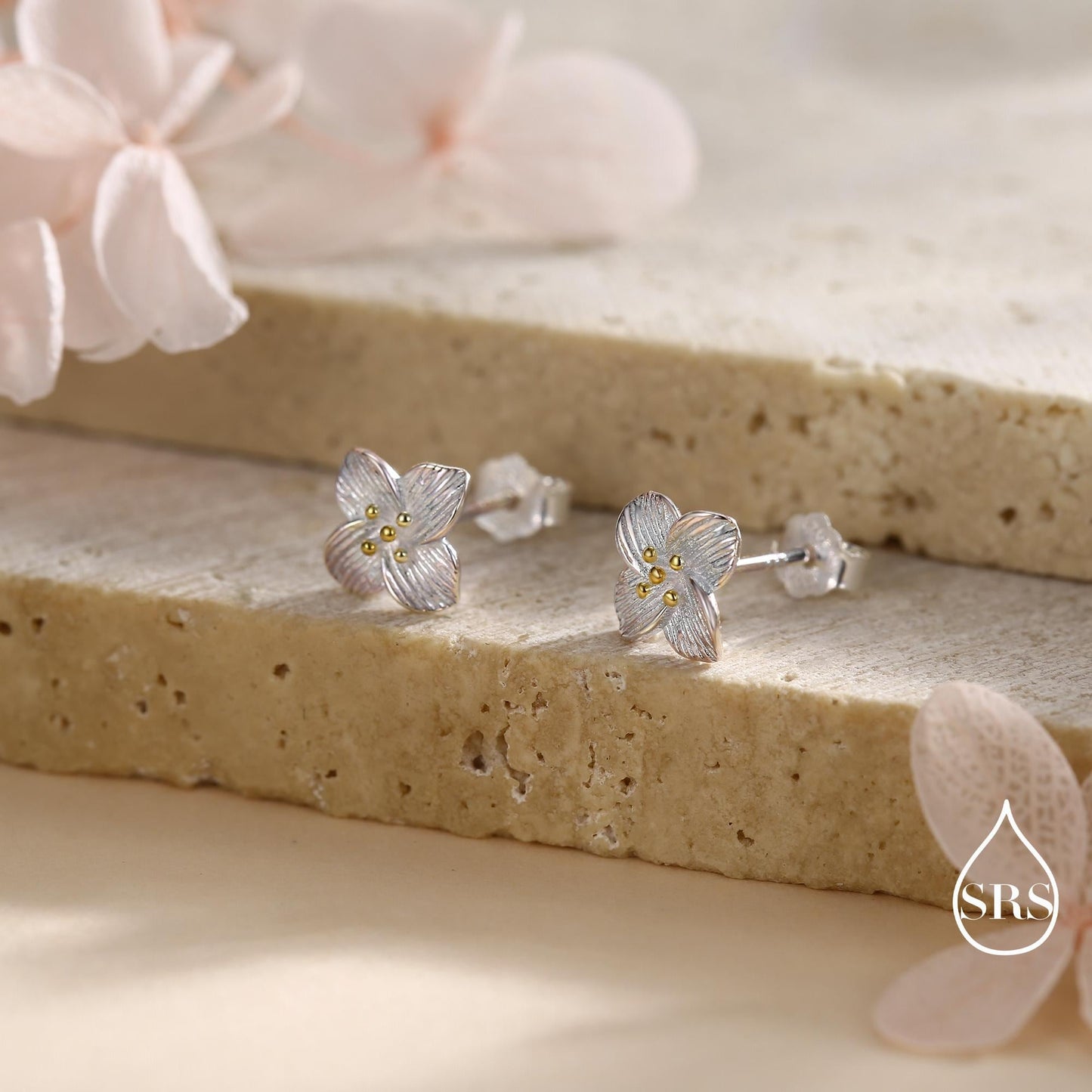 Dainty Flower Stud Earrings in Sterling Silver, Two Tone Silver Dogwood Flower Earrings, Nature Inspired Earrings, Plant Earrings