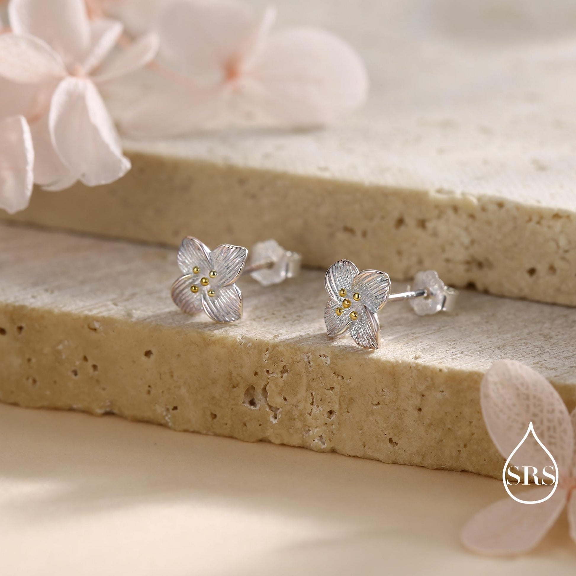 Dainty Flower Stud Earrings in Sterling Silver, Two Tone Silver Dogwood Flower Earrings, Nature Inspired Earrings, Plant Earrings