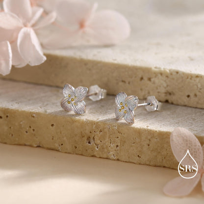 Dainty Flower Stud Earrings in Sterling Silver, Two Tone Silver Dogwood Flower Earrings, Nature Inspired Earrings, Plant Earrings