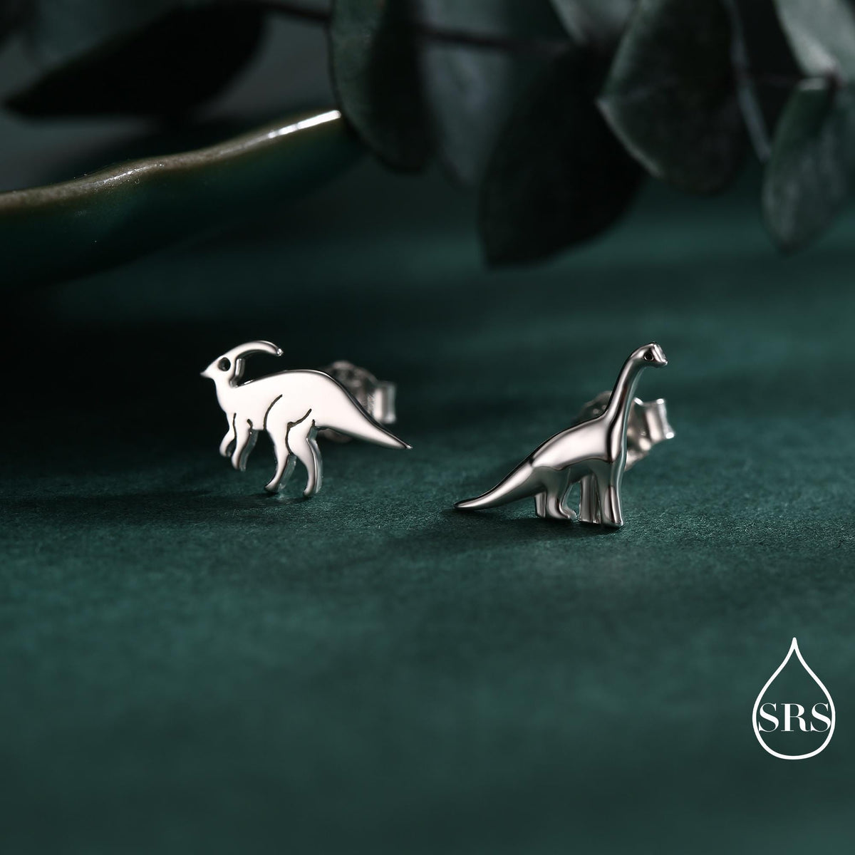 Mismatched Dinosaur Stud Earrings in Sterling Silver, Asymmetric Parasaurolophus and Brachiosaurus Dino Earrings