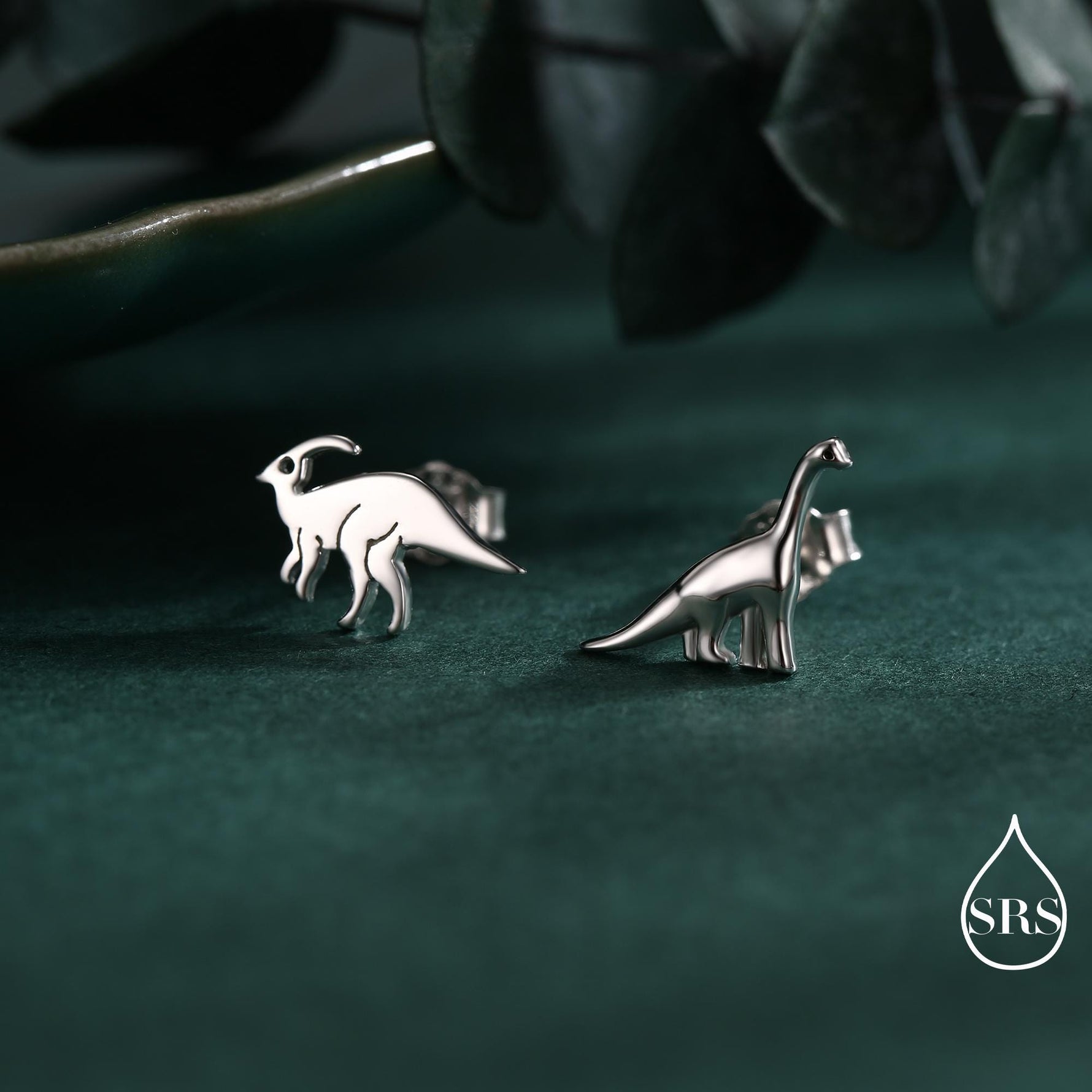 Mismatched Dinosaur Stud Earrings in Sterling Silver, Asymmetric Parasaurolophus and Brachiosaurus Dino Earrings