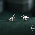 Mismatched Dinosaur Stud Earrings in Sterling Silver, Asymmetric Parasaurolophus and Brachiosaurus Dino Earrings