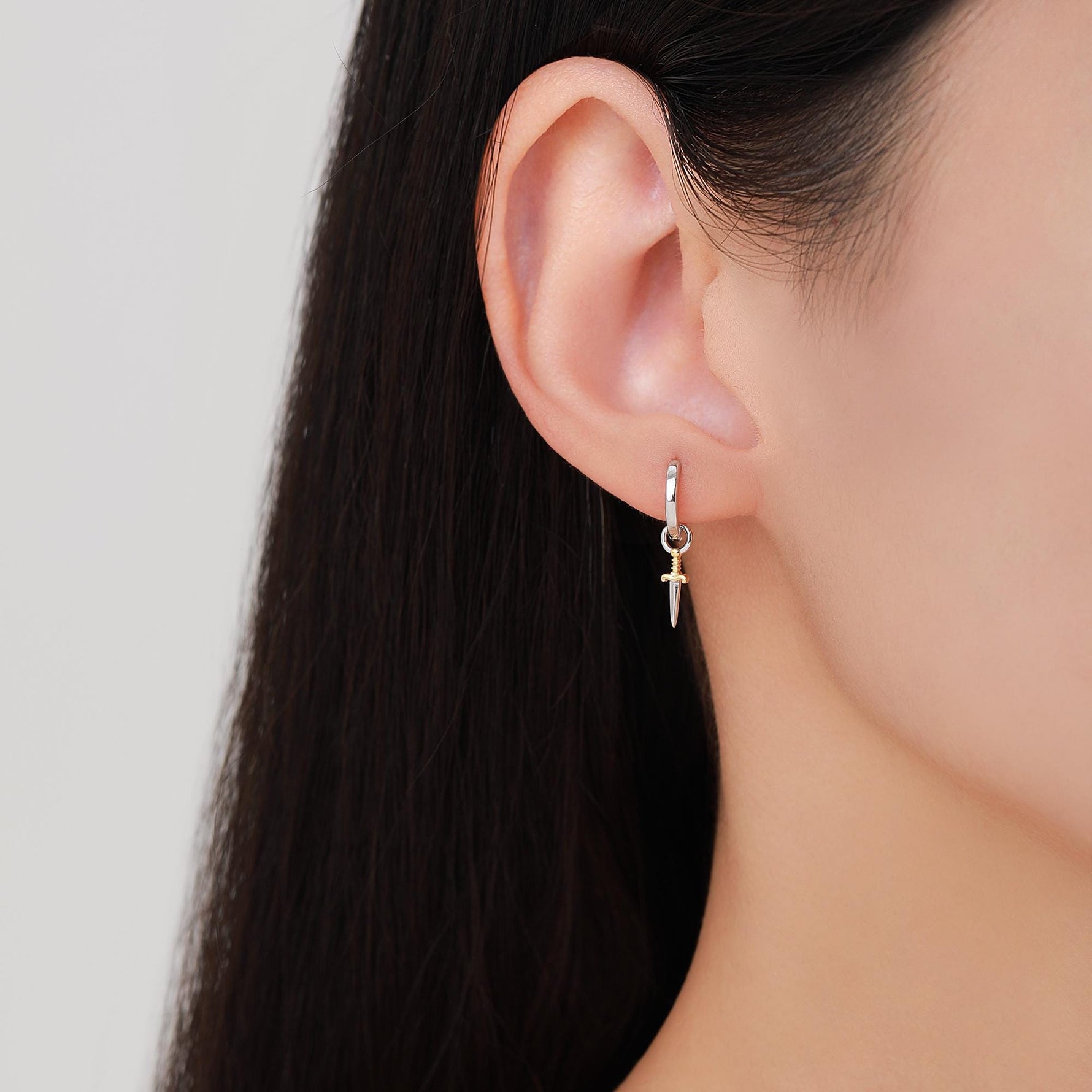 Mismatched Dragon and Sword Huggie Hoops in Sterling Silver, Detachable Asymmetric Dragon and Sword Hoop Earrings