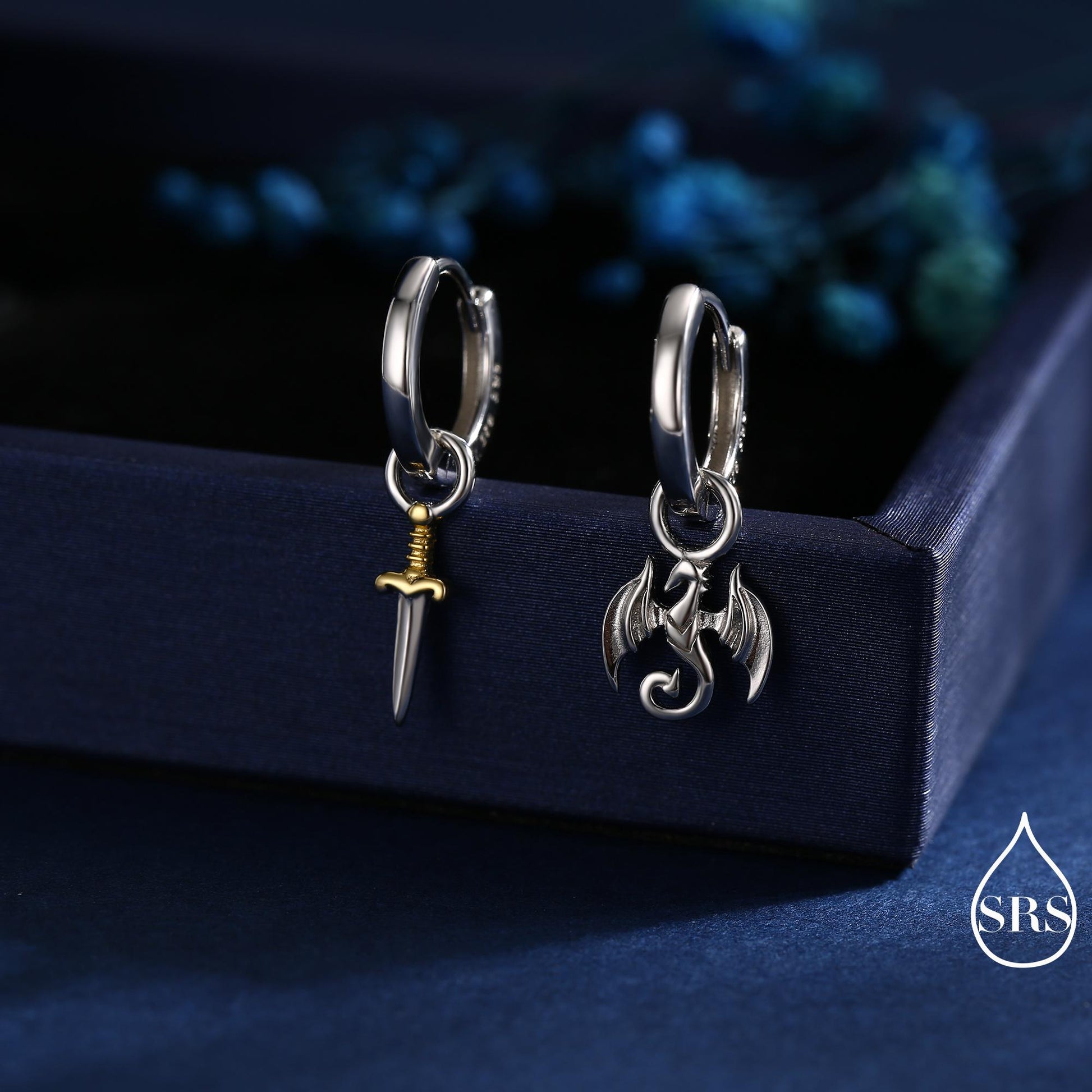 Sterling Silver Mismatched Dragon and Sword Huggie Hoops, Detachable Asymmetric Dragon and Sword Hoop Earrings