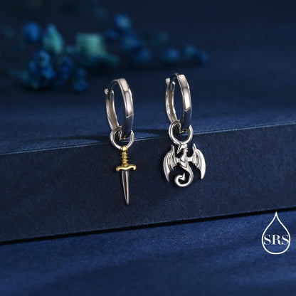 Sterling Silver Mismatched Dragon and Sword Huggie Hoops, Detachable Asymmetric Dragon and Sword Hoop Earrings