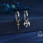 Sterling Silver Mismatched Dragon and Sword Huggie Hoops, Detachable Asymmetric Dragon and Sword Hoop Earrings