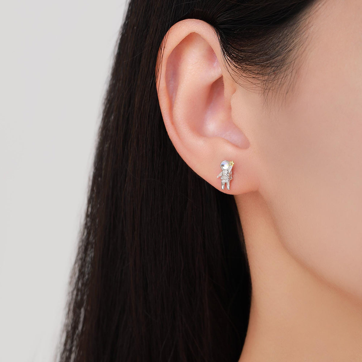 Mismatched Astronaut and Rocket Stud Earrings in Sterling Silver with Simulated Moonstone, Asymmetric Rocket and Astronaut Spaceman Earrings