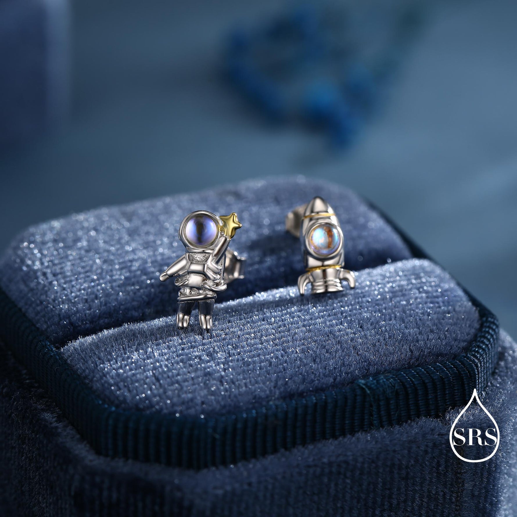 Mismatched Astronaut and Rocket Stud Earrings in Sterling Silver with Simulated Moonstone, Asymmetric Rocket and Astronaut Spaceman Earrings