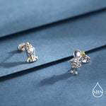 Mismatched Astronaut and Rocket Stud Earrings in Sterling Silver with Simulated Moonstone, Asymmetric Rocket and Astronaut Spaceman Earrings
