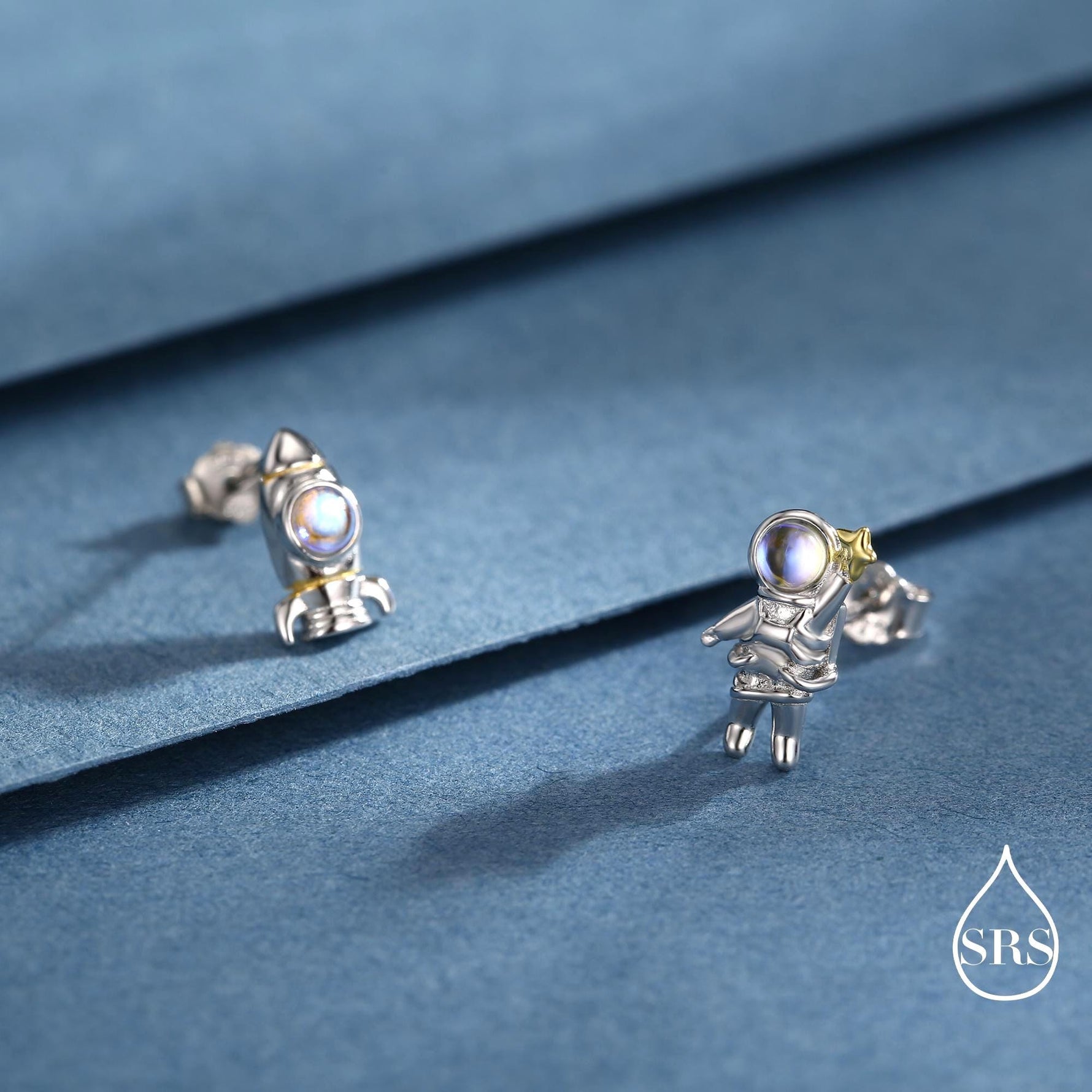 Mismatched Astronaut and Rocket Stud Earrings in Sterling Silver with Simulated Moonstone, Asymmetric Rocket and Astronaut Spaceman Earrings