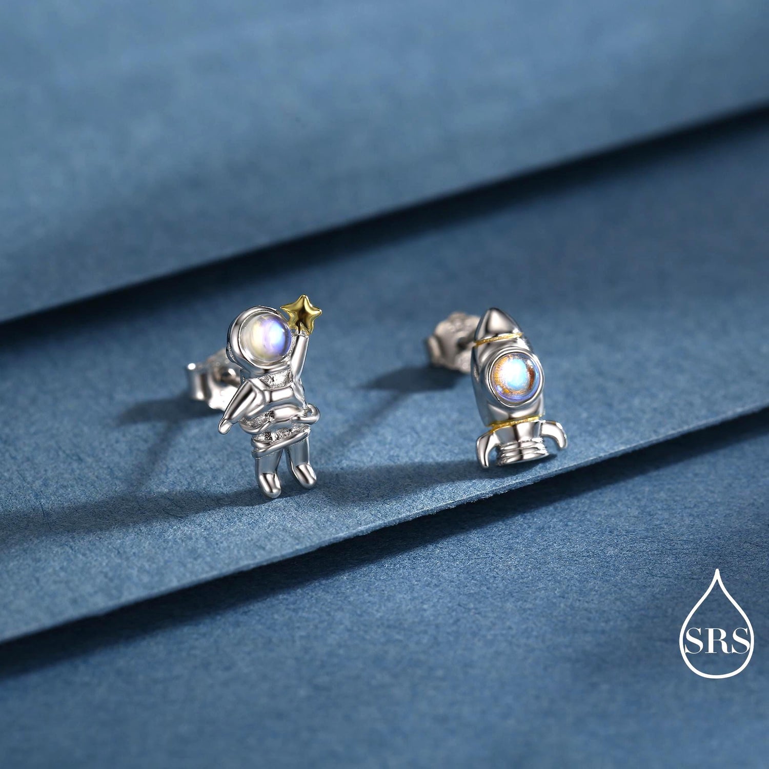 Mismatched Astronaut and Rocket Stud Earrings in Sterling Silver with Simulated Moonstone, Asymmetric Rocket and Astronaut Spaceman Earrings