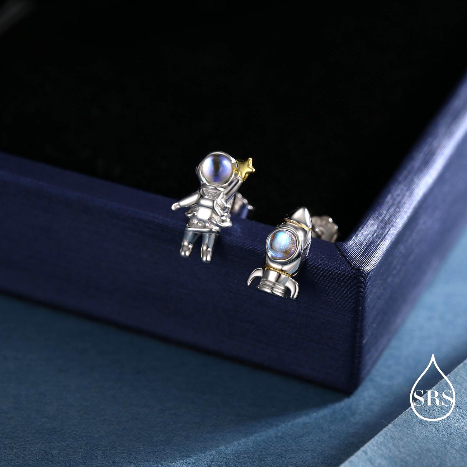 Mismatched Astronaut and Rocket Stud Earrings in Sterling Silver with Simulated Moonstone, Asymmetric Rocket and Astronaut Spaceman Earrings