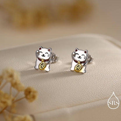 Super Cute Japanese Maneki-neko Cat Stud Earrings in Sterling Silver - Animal Stud Earrings - Cute Money Cat, Waving Cat Stud, Cat Earrings