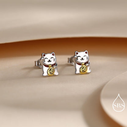 Super Cute Japanese Maneki-neko Cat Stud Earrings in Sterling Silver - Animal Stud Earrings - Cute Money Cat, Waving Cat Stud, Cat Earrings