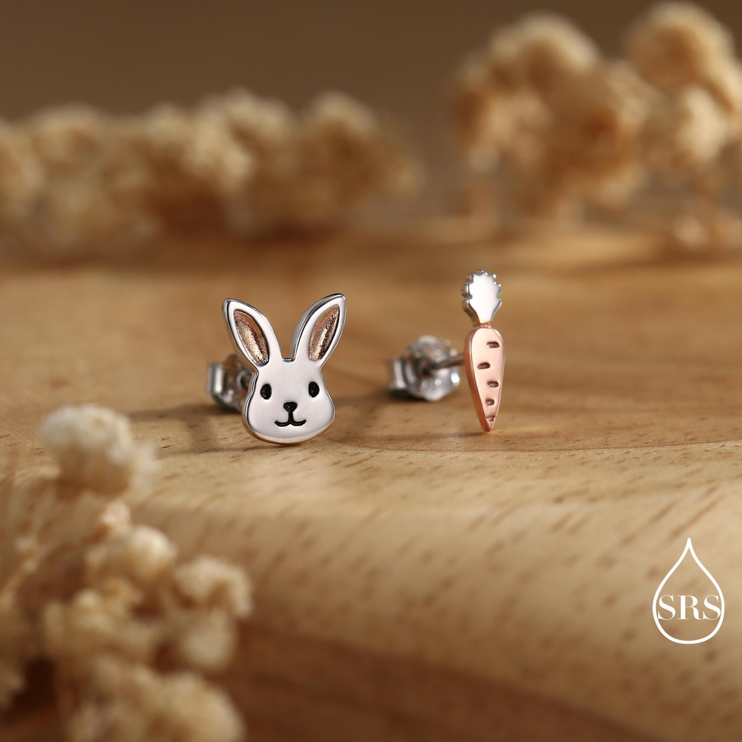 Mismatched Rabbit and Carrot Stud Earrings in Sterling Silver with partial rose gold, Asymmetric Cute Bunny and Carrot Earrings