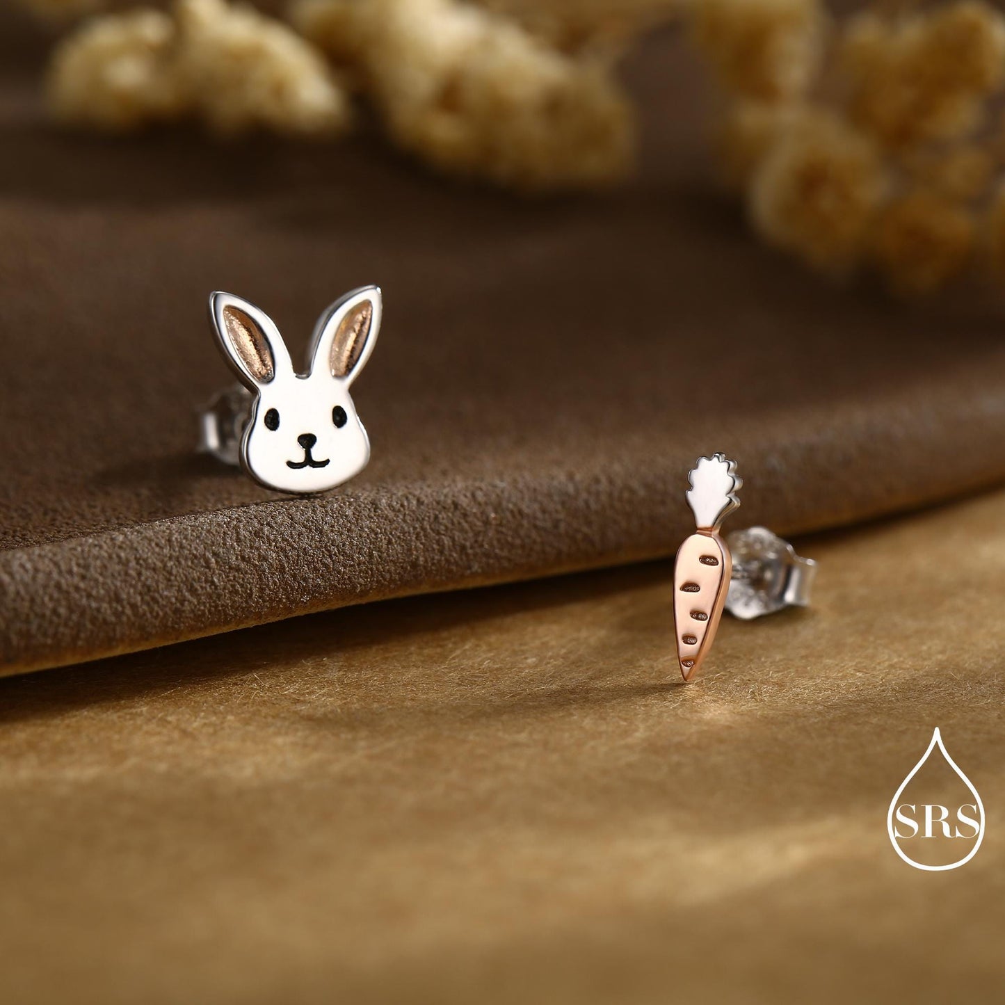 Mismatched Rabbit and Carrot Stud Earrings in Sterling Silver with partial rose gold, Asymmetric Cute Bunny and Carrot Earrings