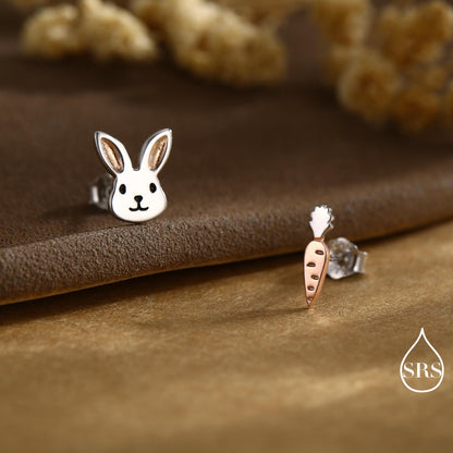 Mismatched Rabbit and Carrot Stud Earrings in Sterling Silver with partial rose gold, Asymmetric Cute Bunny and Carrot Earrings