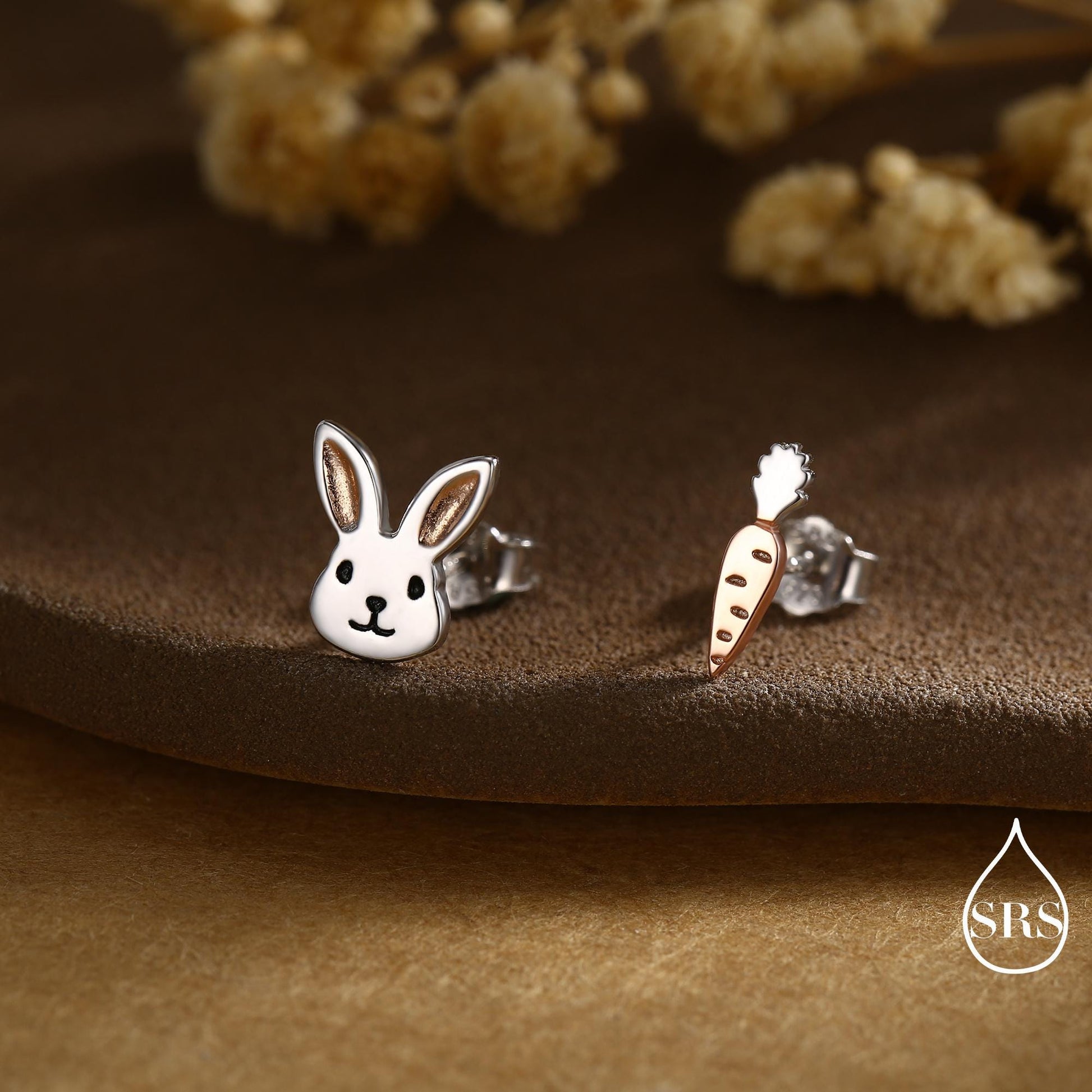 Mismatched Rabbit and Carrot Stud Earrings in Sterling Silver with partial rose gold, Asymmetric Cute Bunny and Carrot Earrings