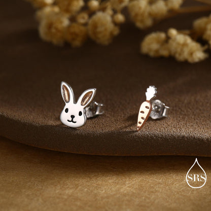 Mismatched Rabbit and Carrot Stud Earrings in Sterling Silver with partial rose gold, Asymmetric Cute Bunny and Carrot Earrings