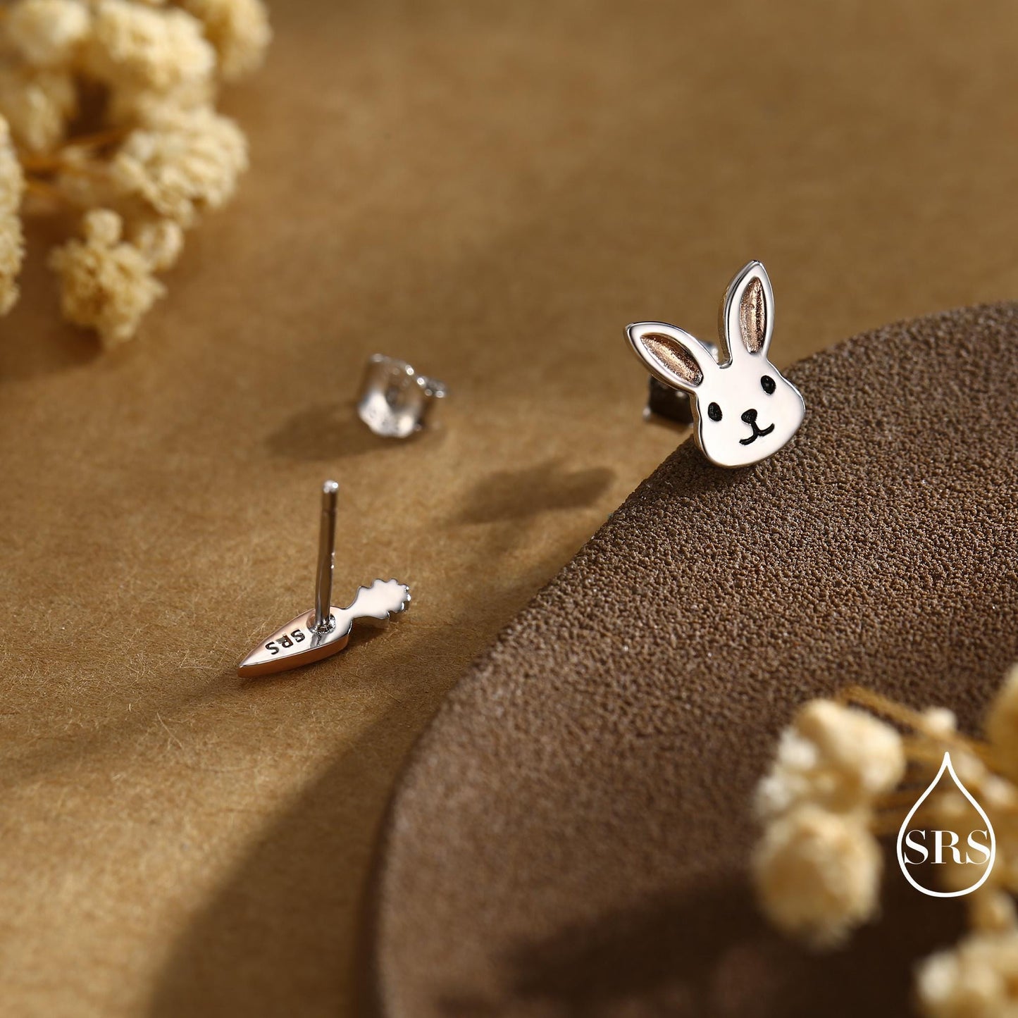 Mismatched Rabbit and Carrot Stud Earrings in Sterling Silver with partial rose gold, Asymmetric Cute Bunny and Carrot Earrings