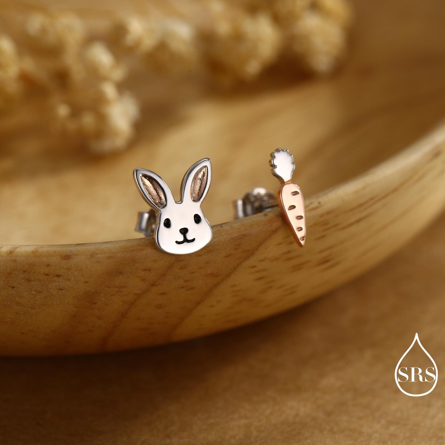 Mismatched Rabbit and Carrot Stud Earrings in Sterling Silver with partial rose gold, Asymmetric Cute Bunny and Carrot Earrings
