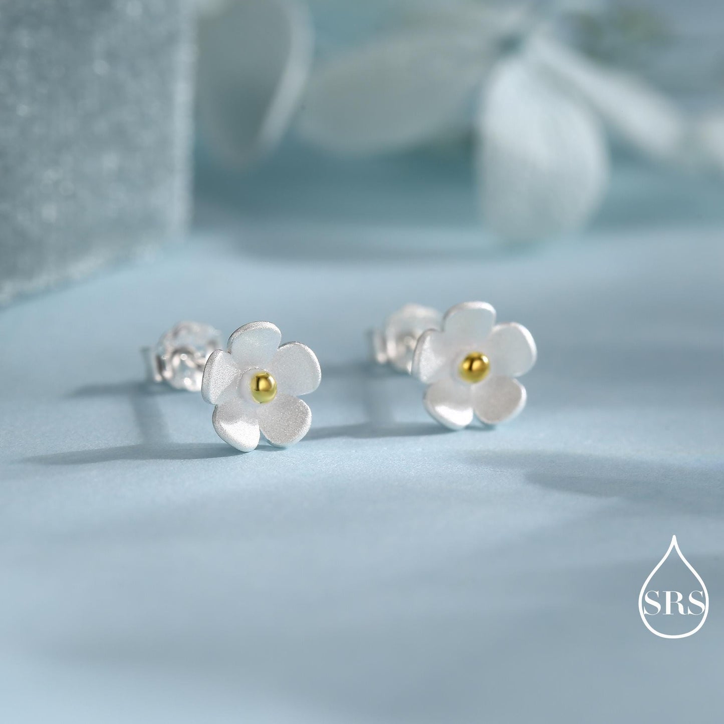 Sterling Silver Forget-me-not Flower Stud Earrings, Nature Inspired Blossom Earrings, Cute and Quirky