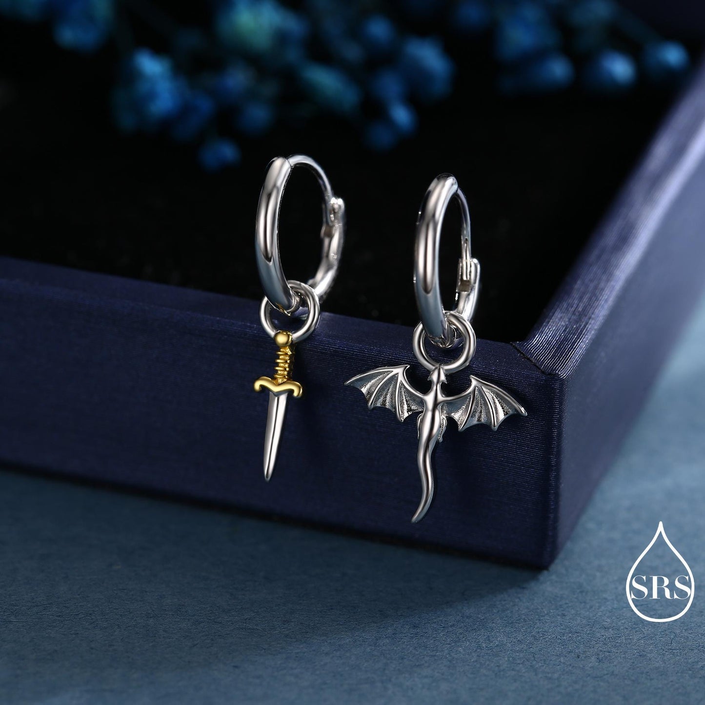 Mismatched Dragon and Sword Huggie Hoops in Sterling Silver, Detachable Asymmetric Dragon and Sword Hoop Earrings