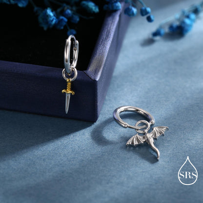 Mismatched Dragon and Sword Huggie Hoops in Sterling Silver, Detachable Asymmetric Dragon and Sword Hoop Earrings