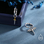 Mismatched Dragon and Sword Huggie Hoops in Sterling Silver, Detachable Asymmetric Dragon and Sword Hoop Earrings