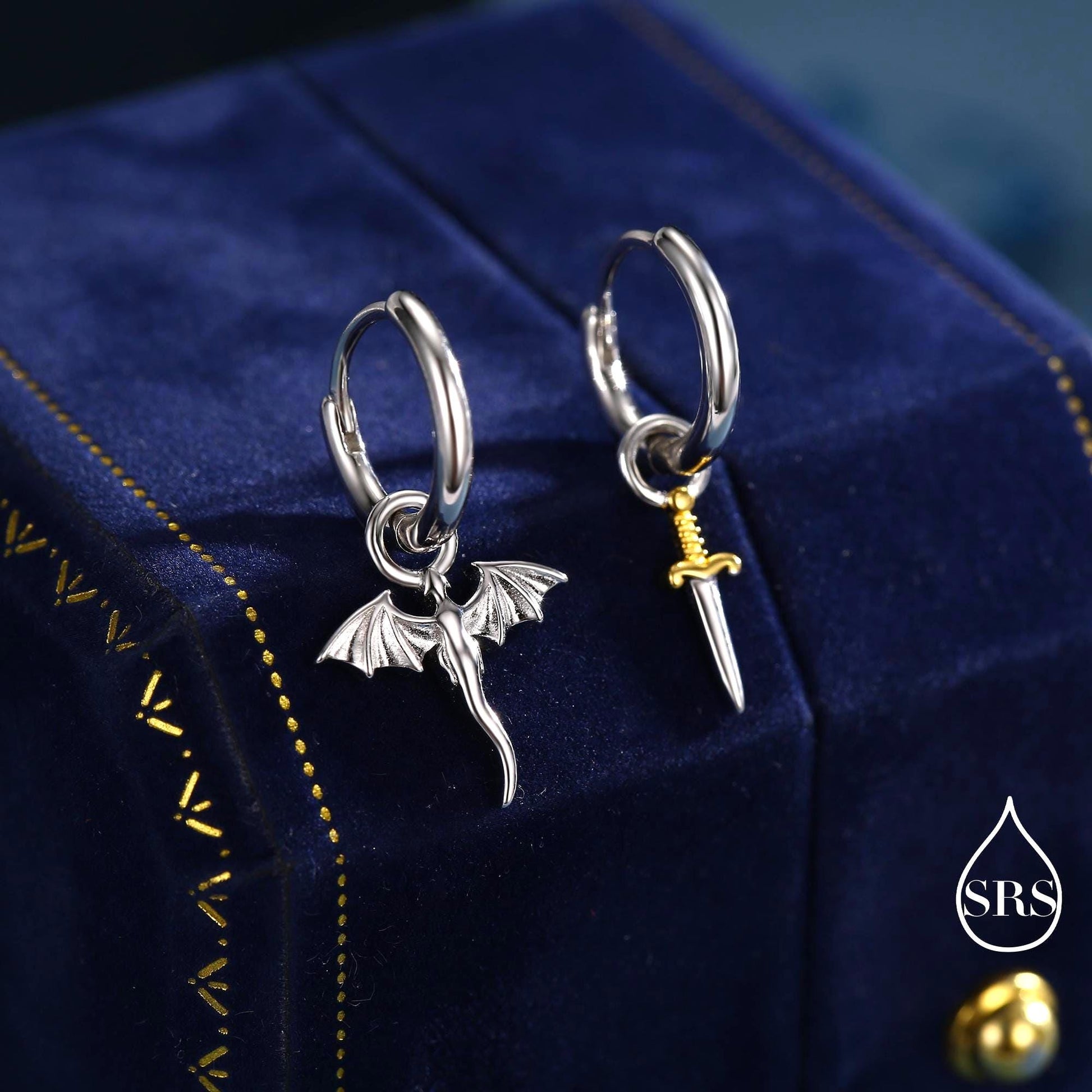 Mismatched Dragon and Sword Huggie Hoops in Sterling Silver, Detachable Asymmetric Dragon and Sword Hoop Earrings