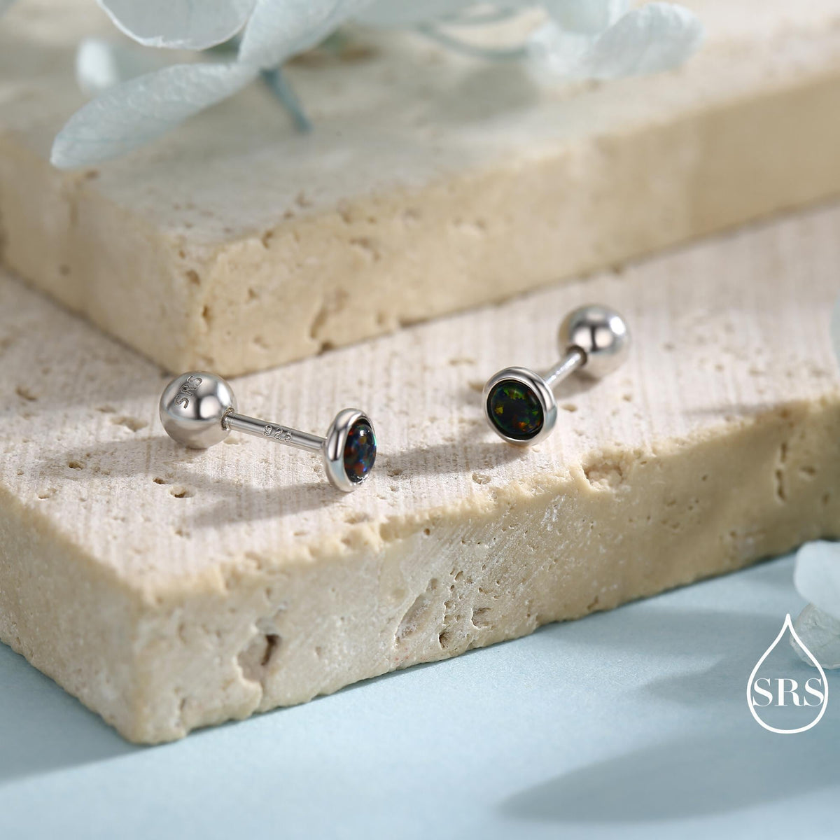 3mm Black Opal Screw Back Earrings in Sterling Silver, Small Opal Stud, Comsic Black Opal Screw Back Earrings, Fire Opal