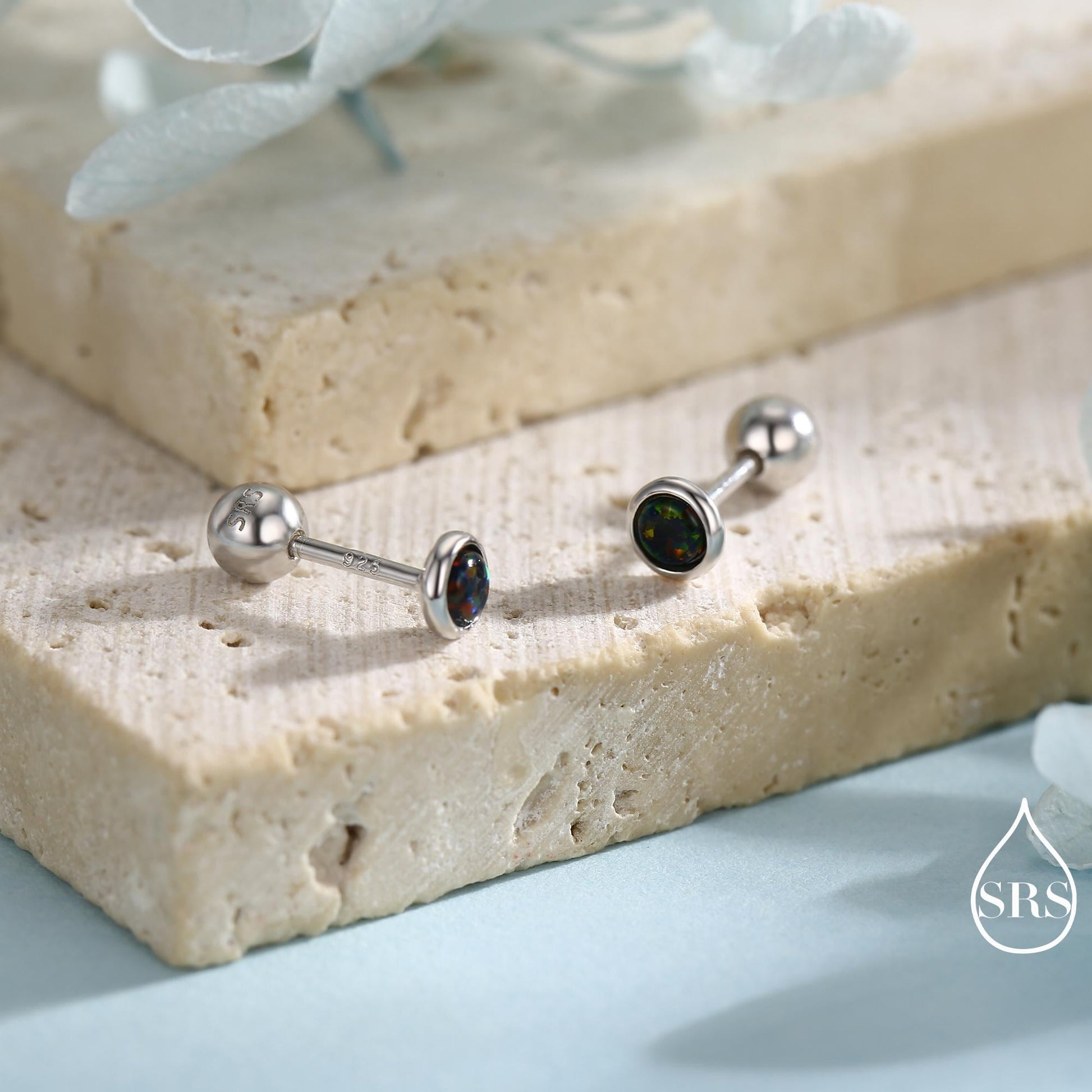 3mm Black Opal Screw Back Earrings in Sterling Silver, Small Opal Stud, Comsic Black Opal Screw Back Earrings, Fire Opal