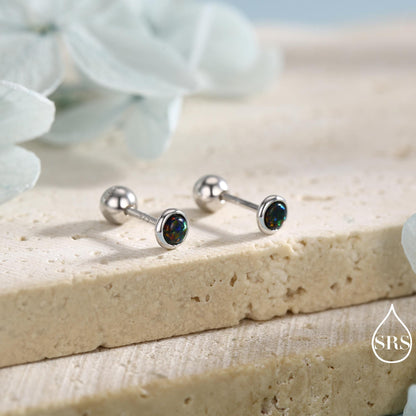 3mm Black Opal Screw Back Earrings in Sterling Silver, Small Opal Stud, Comsic Black Opal Screw Back Earrings, Fire Opal