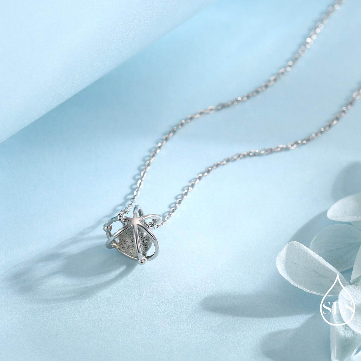 Planet Necklace in Sterling Silver with Labradorite, Saturn Necklace, Space Necklace