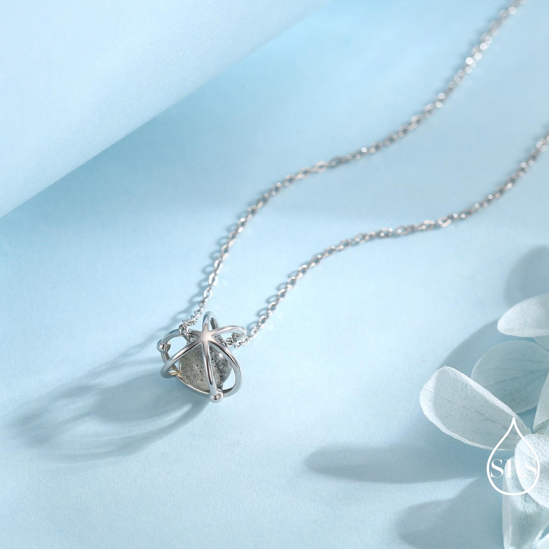 Planet Necklace in Sterling Silver with Labradorite, Saturn Necklace, Space Necklace