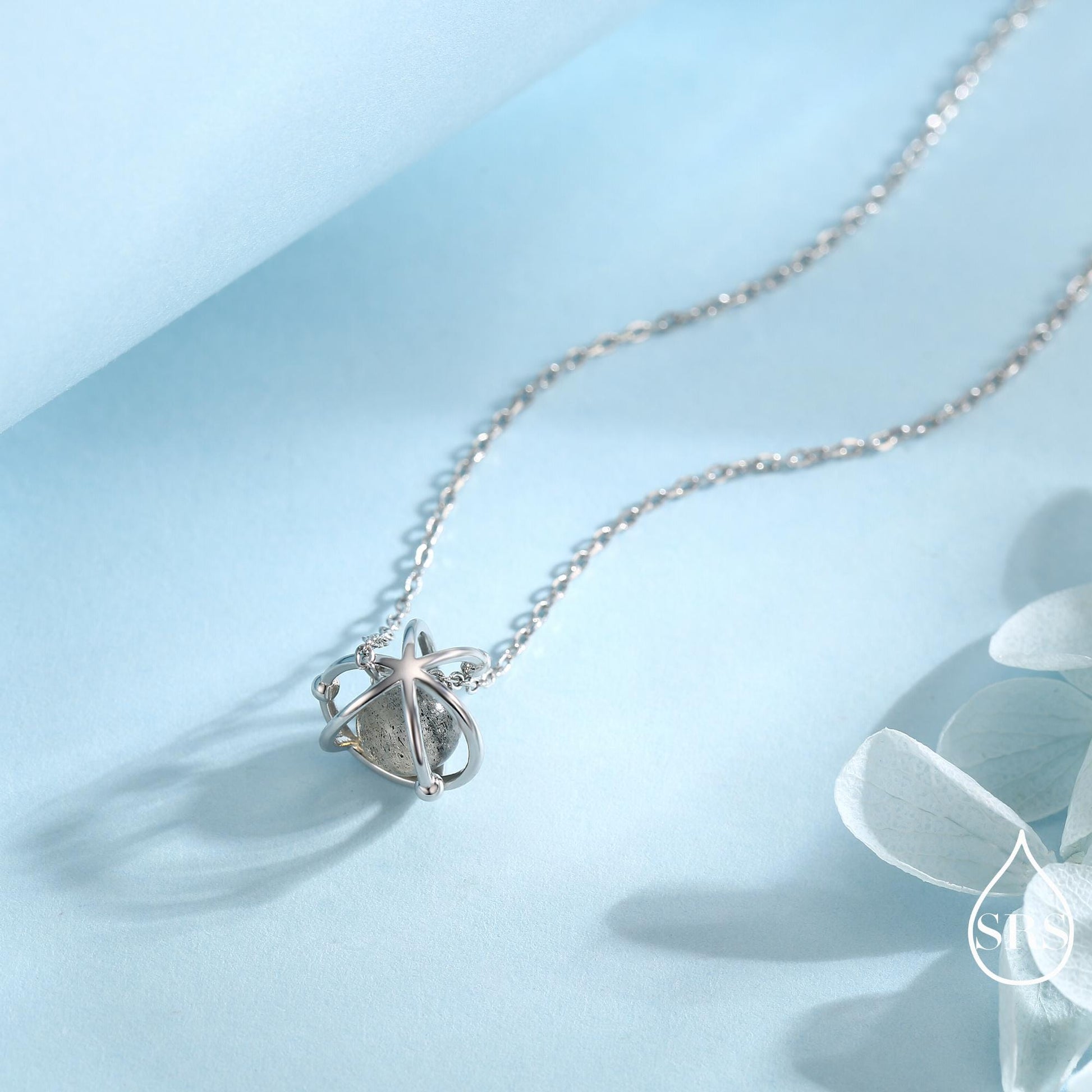 Planet Necklace in Sterling Silver with Labradorite, Saturn Necklace, Space Necklace