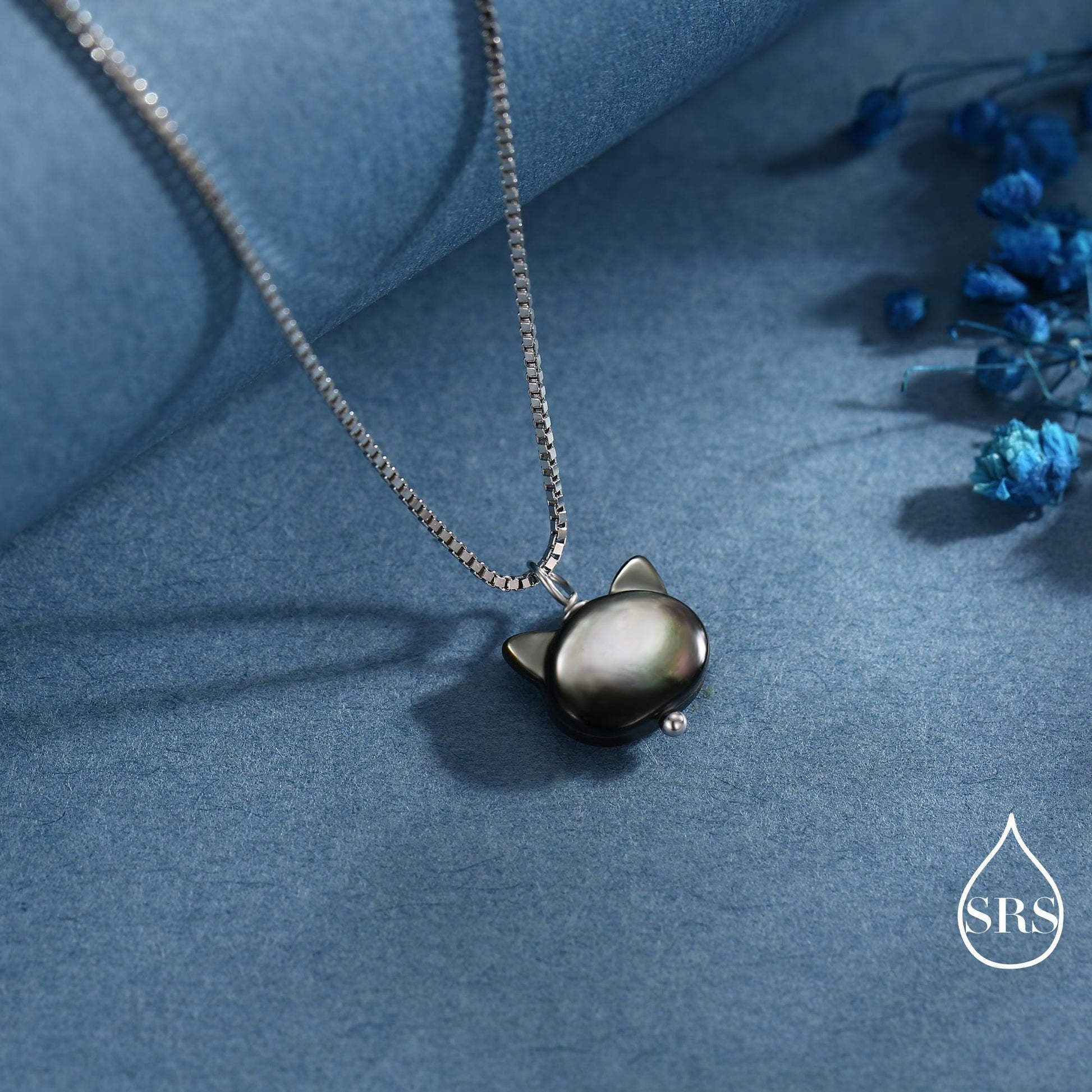 Super Cute Kitty Cat Carved Mother of Pearl Shell Pendant Necklace in Sterling Silver -Black Natural Shell - Cute and Quirky