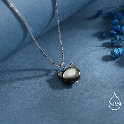 Super Cute Kitty Cat Carved Mother of Pearl Shell Pendant Necklace in Sterling Silver -Black Natural Shell - Cute and Quirky