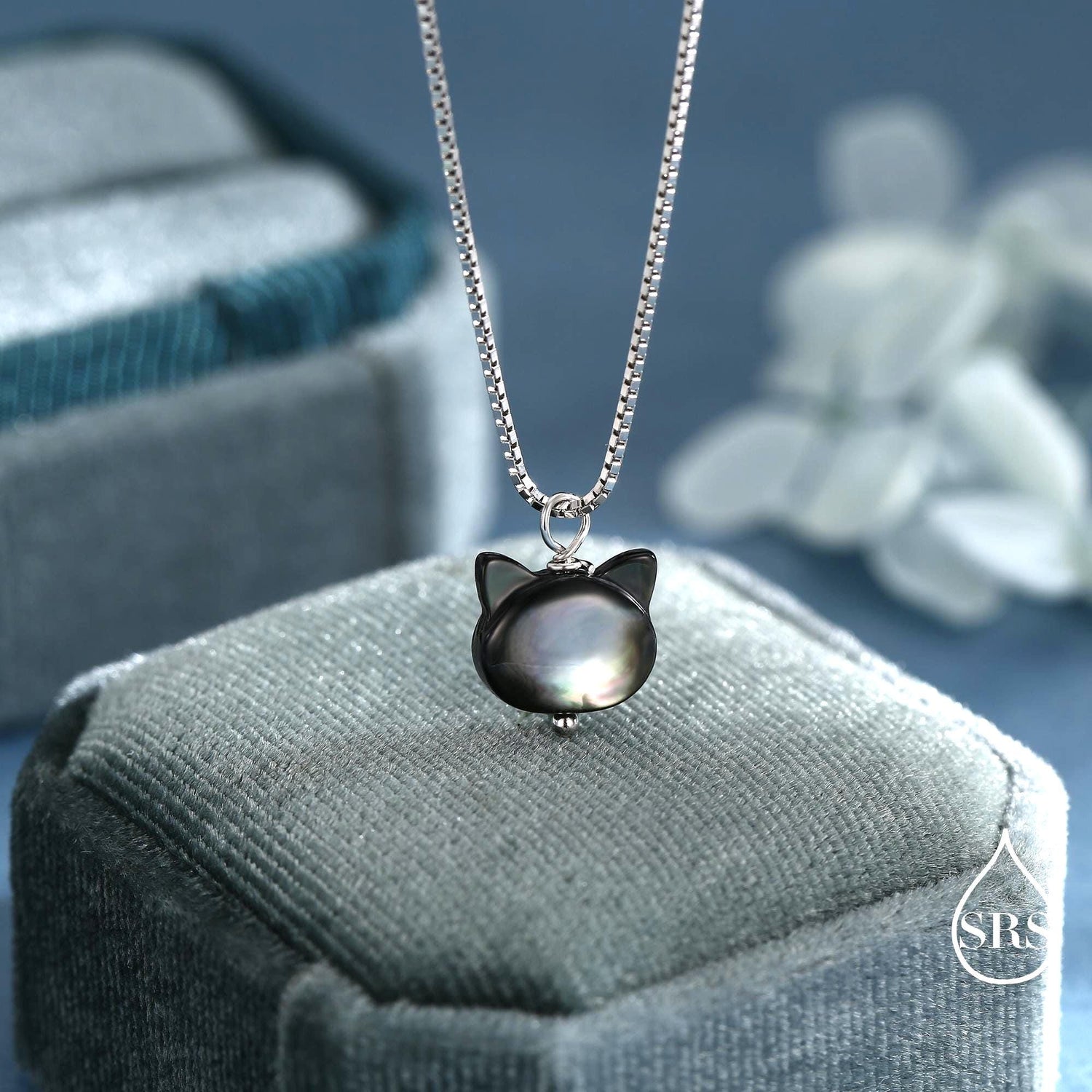 Super Cute Kitty Cat Carved Mother of Pearl Shell Pendant Necklace in Sterling Silver -Black Natural Shell - Cute and Quirky