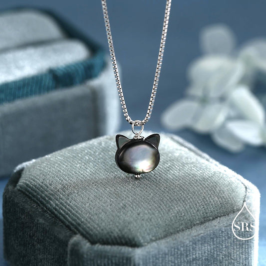 Super Cute Kitty Cat Carved Mother of Pearl Shell Pendant Necklace in Sterling Silver -Black Natural Shell - Cute and Quirky