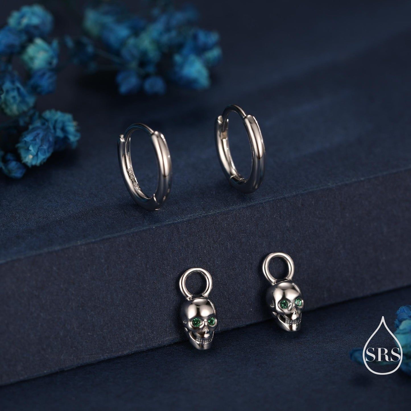 Extra Tiny Skull Huggie Hoop Earrings in Sterling Silver, Silver, Gold or Rose Gold, Detachable Skull Charms, Silver Skull Hoop Earrings