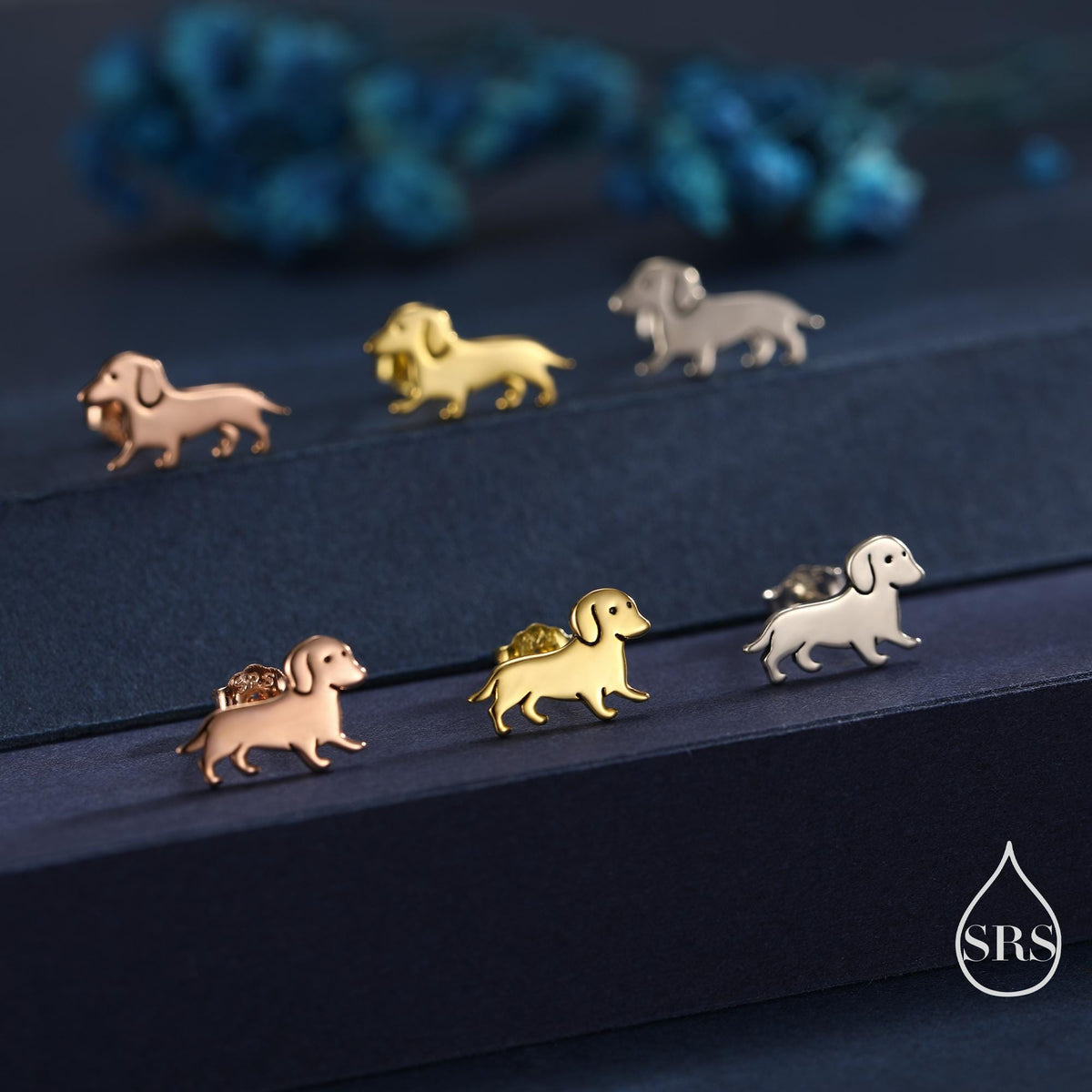 Cute Sausage Dog Puppy Stud Earrings in Sterling Silver, Silver or Gold or Rose Gold, Small Dachshund Dog Earrings, Silver Dog Earrings