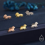 Cute Sausage Dog Puppy Stud Earrings in Sterling Silver, Silver or Gold or Rose Gold, Small Dachshund Dog Earrings, Silver Dog Earrings