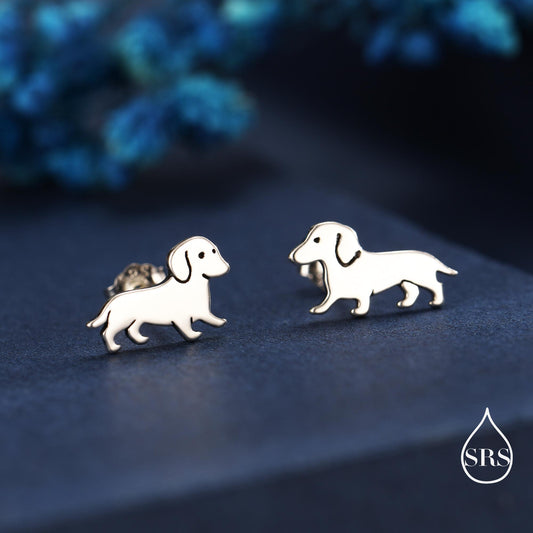 Cute Sausage Dog Puppy Stud Earrings in Sterling Silver, Silver or Gold or Rose Gold, Small Dachshund Dog Earrings, Silver Dog Earrings