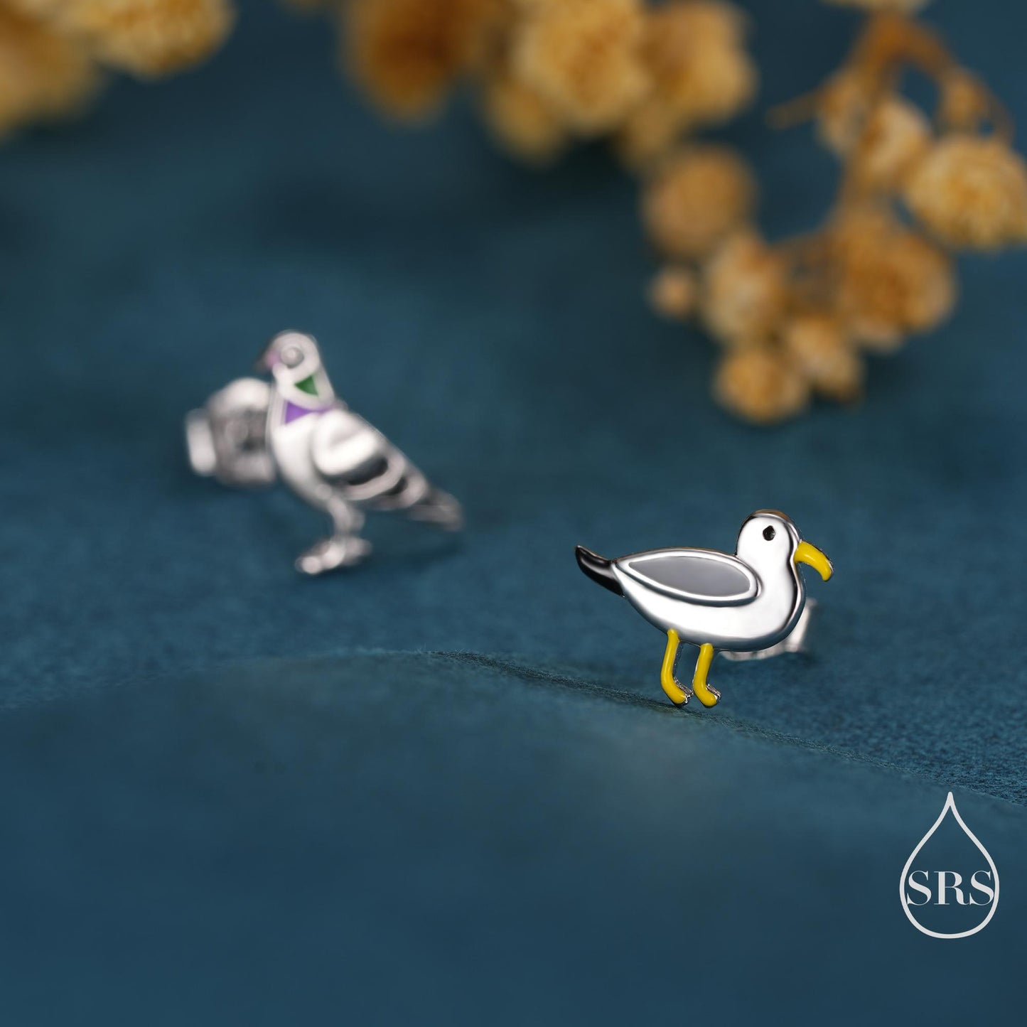 Quirky Mismatched Seagull and Pigeon Stud Earrings in Sterling Silver, Enamel Coated Pigeon Bird Earrings, Nature Inspired Animal Earrings
