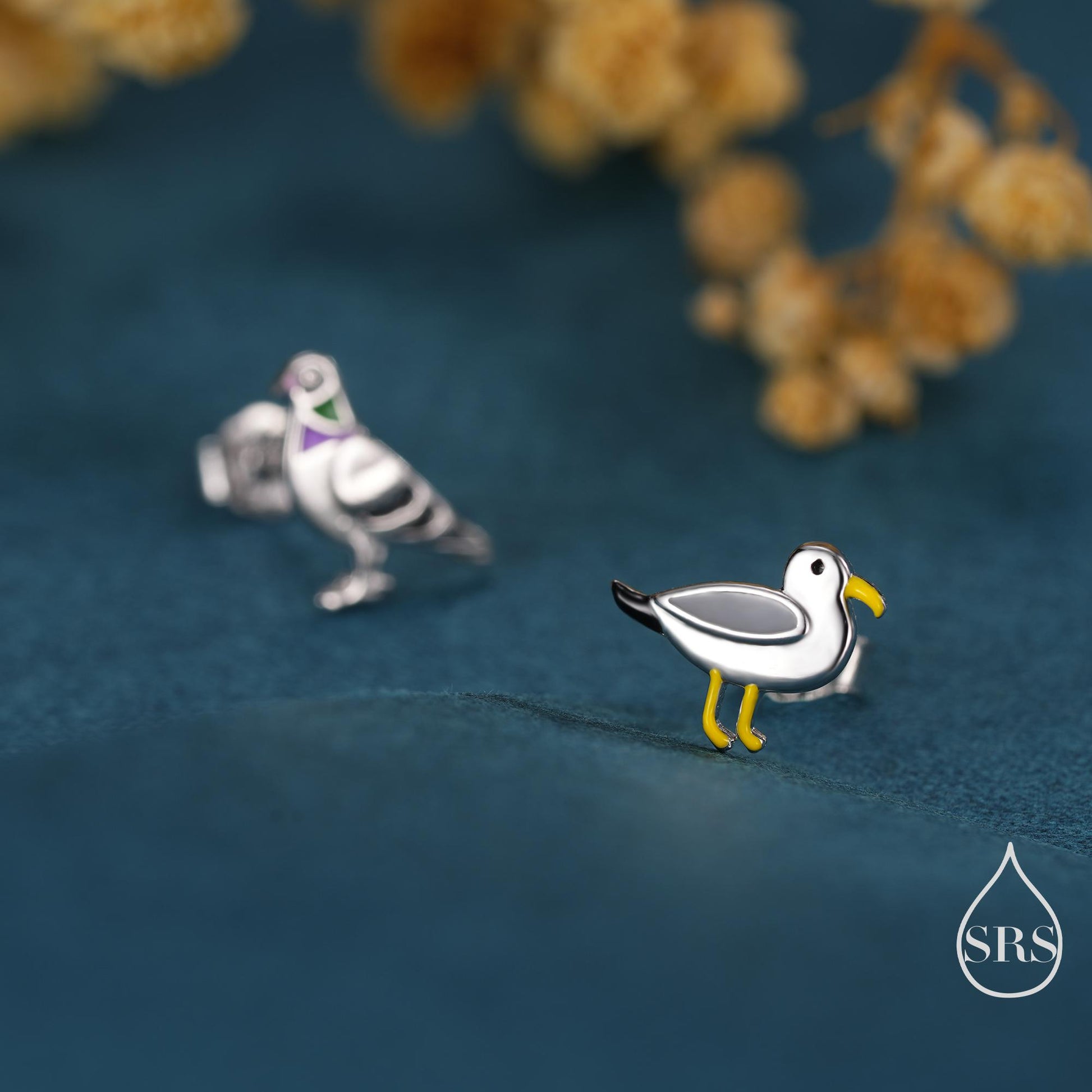 Quirky Mismatched Seagull and Pigeon Stud Earrings in Sterling Silver, Enamel Coated Pigeon Bird Earrings, Nature Inspired Animal Earrings